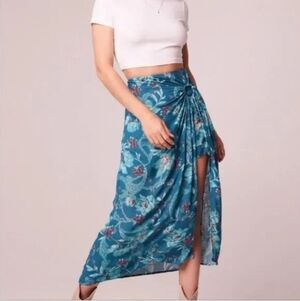 Floral Teal Midi Skirt with Slit